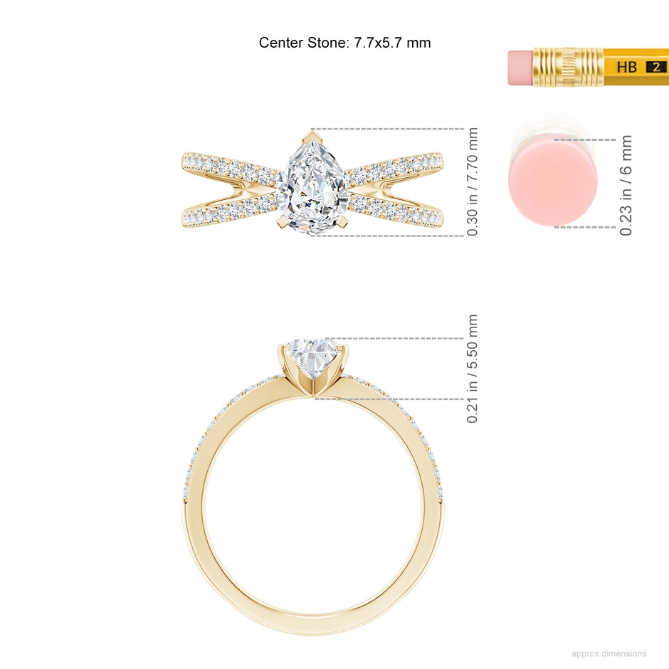 7.7x5.7mm FGVS Lab-Grown Solitaire Pear Diamond Crossover Shank Engagement Ring in Yellow Gold ruler