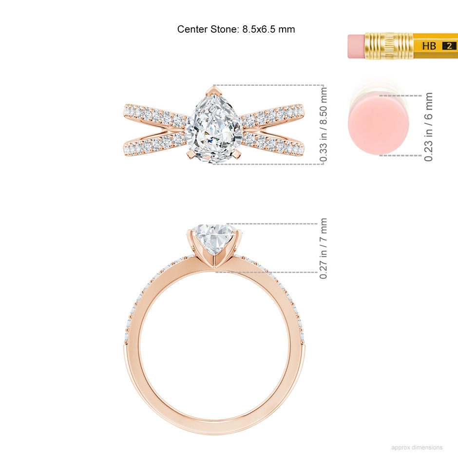 8.5x6.5mm FGVS Lab-Grown Solitaire Pear Diamond Crossover Shank Engagement Ring in 18K Rose Gold ruler