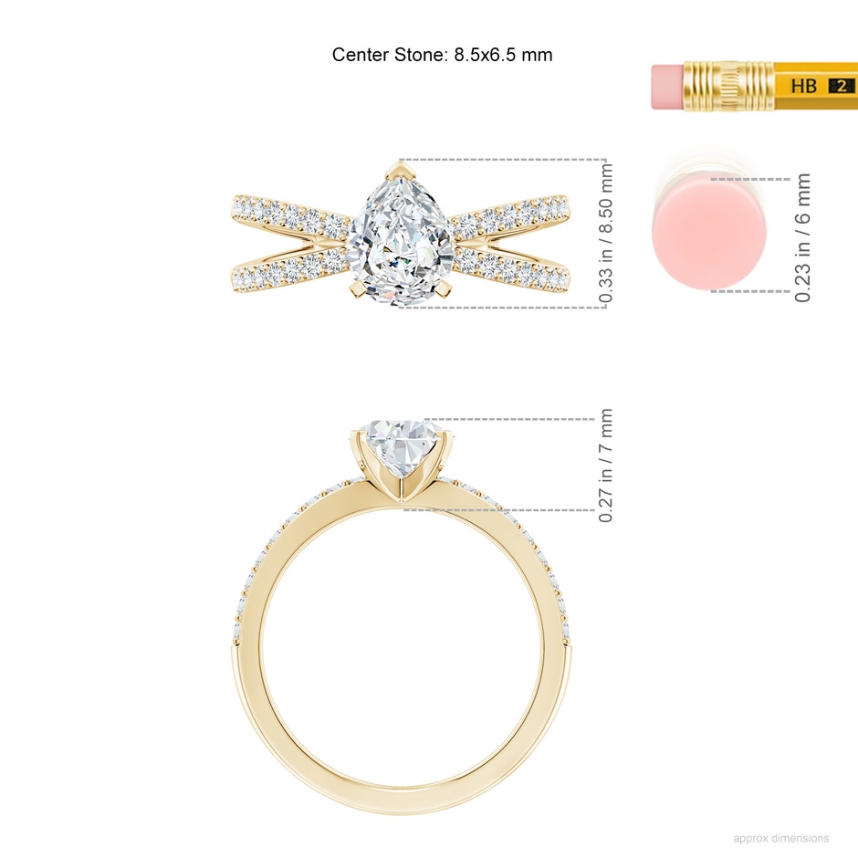 8.5x6.5mm FGVS Lab-Grown Solitaire Pear Diamond Crossover Shank Engagement Ring in Yellow Gold ruler