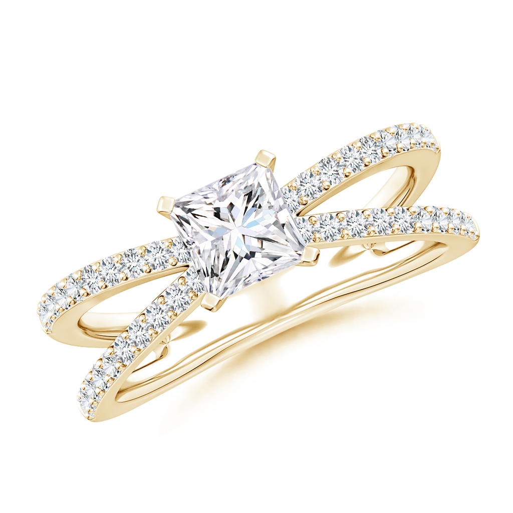 5.5mm FGVS Lab-Grown Solitaire Princess-Cut Diamond Crossover Shank Engagement Ring in Yellow Gold