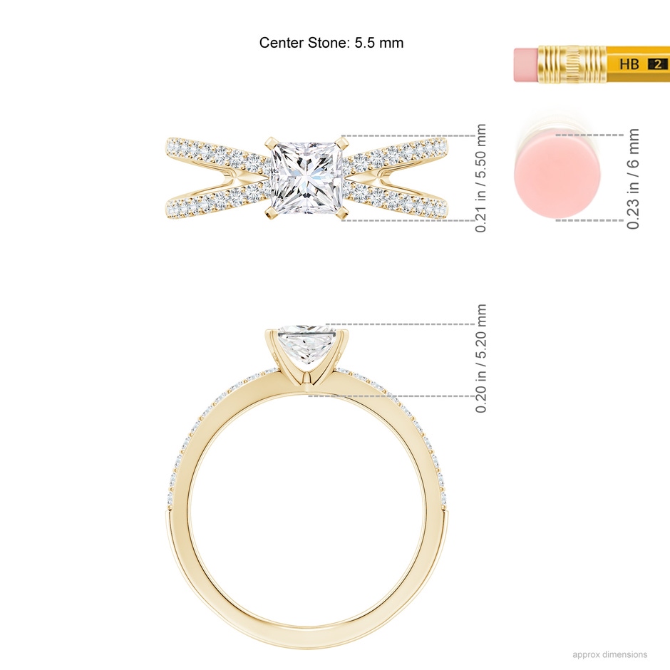 5.5mm FGVS Lab-Grown Solitaire Princess-Cut Diamond Crossover Shank Engagement Ring in Yellow Gold ruler