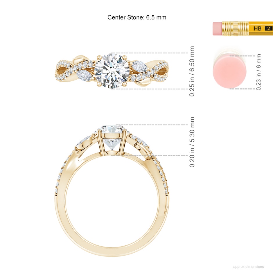 6.5mm FGVS Lab-Grown Nature-Inspired Round and Marquise Diamond Side Stone Engagement Ring in Yellow Gold ruler