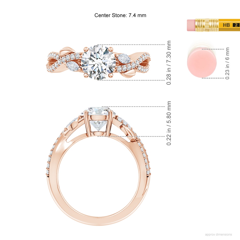 7.4mm FGVS Lab-Grown Nature-Inspired Round and Marquise Diamond Side Stone Engagement Ring in 18K Rose Gold ruler