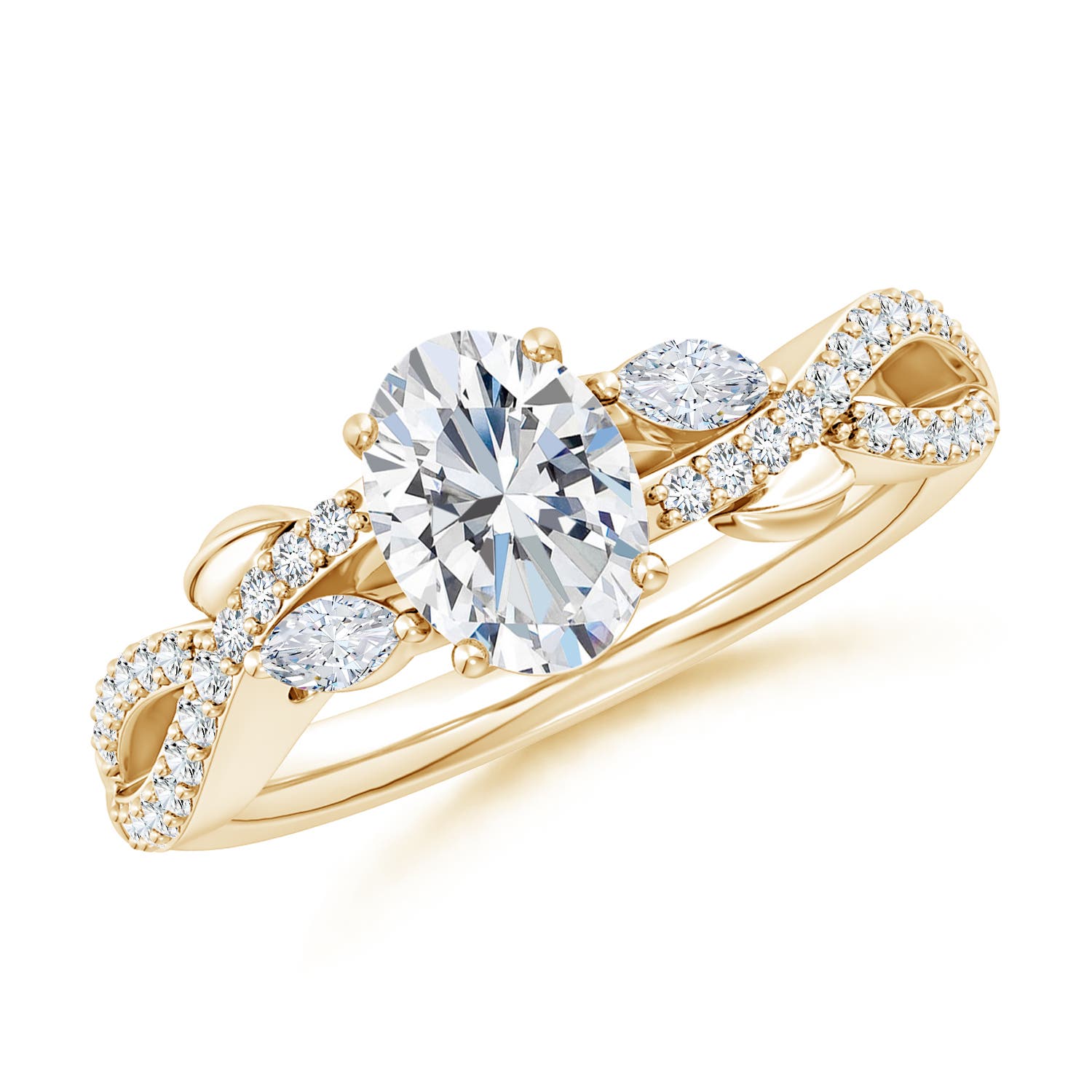 7.7x5.7mm FGVS Lab-Grown Nature-Inspired Oval and Marquise Diamond Side Stone Engagement Ring in 18K Yellow Gold