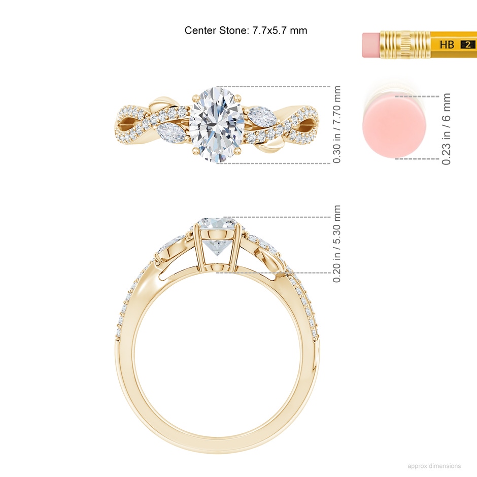 7.7x5.7mm FGVS Lab-Grown Nature-Inspired Oval and Marquise Diamond Side Stone Engagement Ring in Yellow Gold ruler