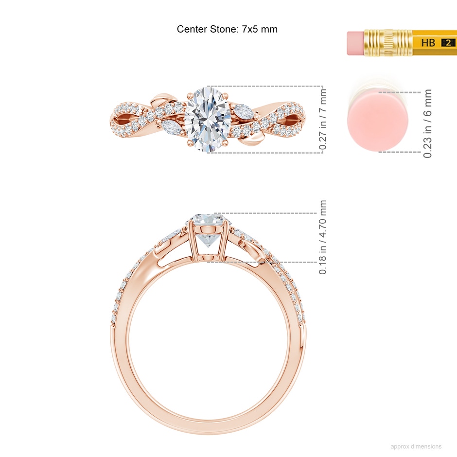 7x5mm FGVS Lab-Grown Nature-Inspired Oval and Marquise Diamond Side Stone Engagement Ring in Rose Gold ruler