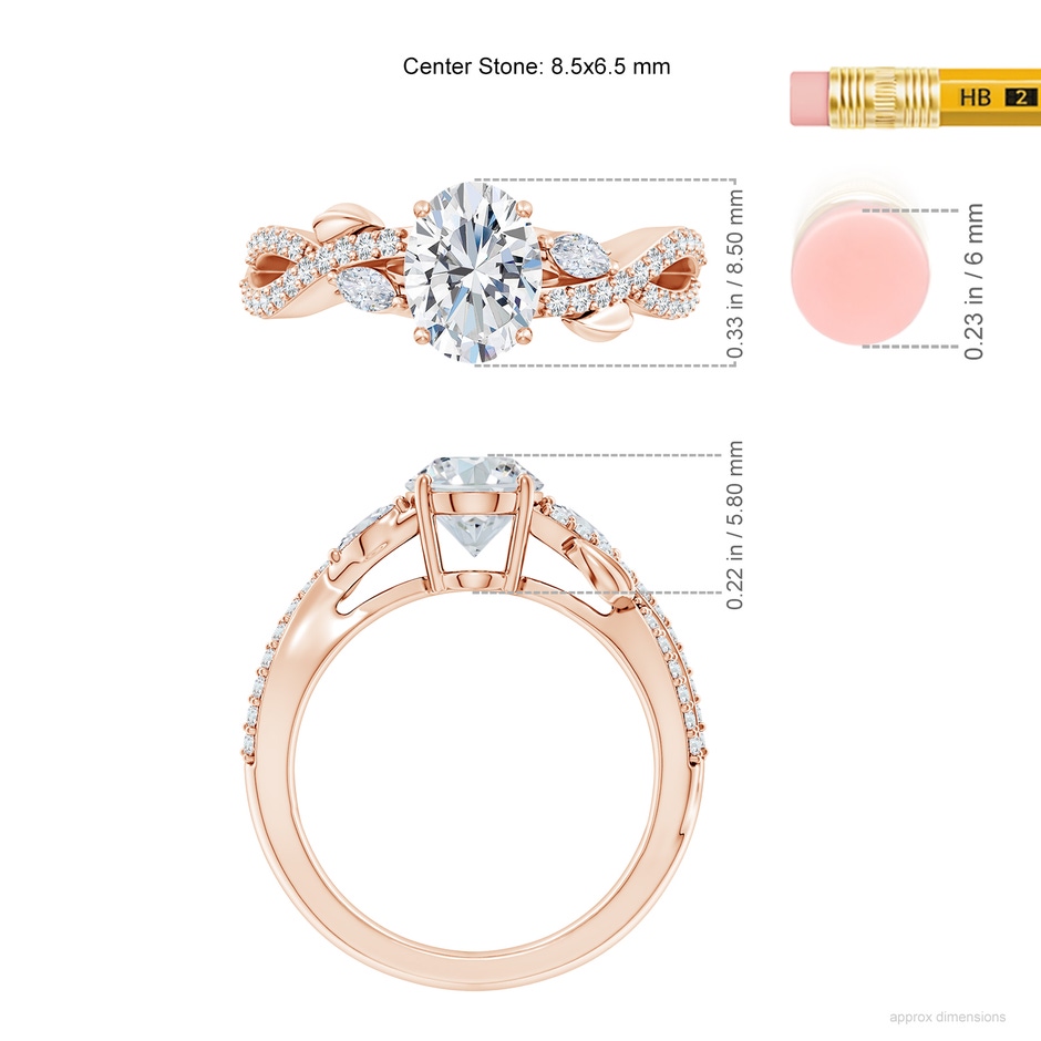 8.5x6.5mm FGVS Lab-Grown Nature-Inspired Oval and Marquise Diamond Side Stone Engagement Ring in 18K Rose Gold ruler