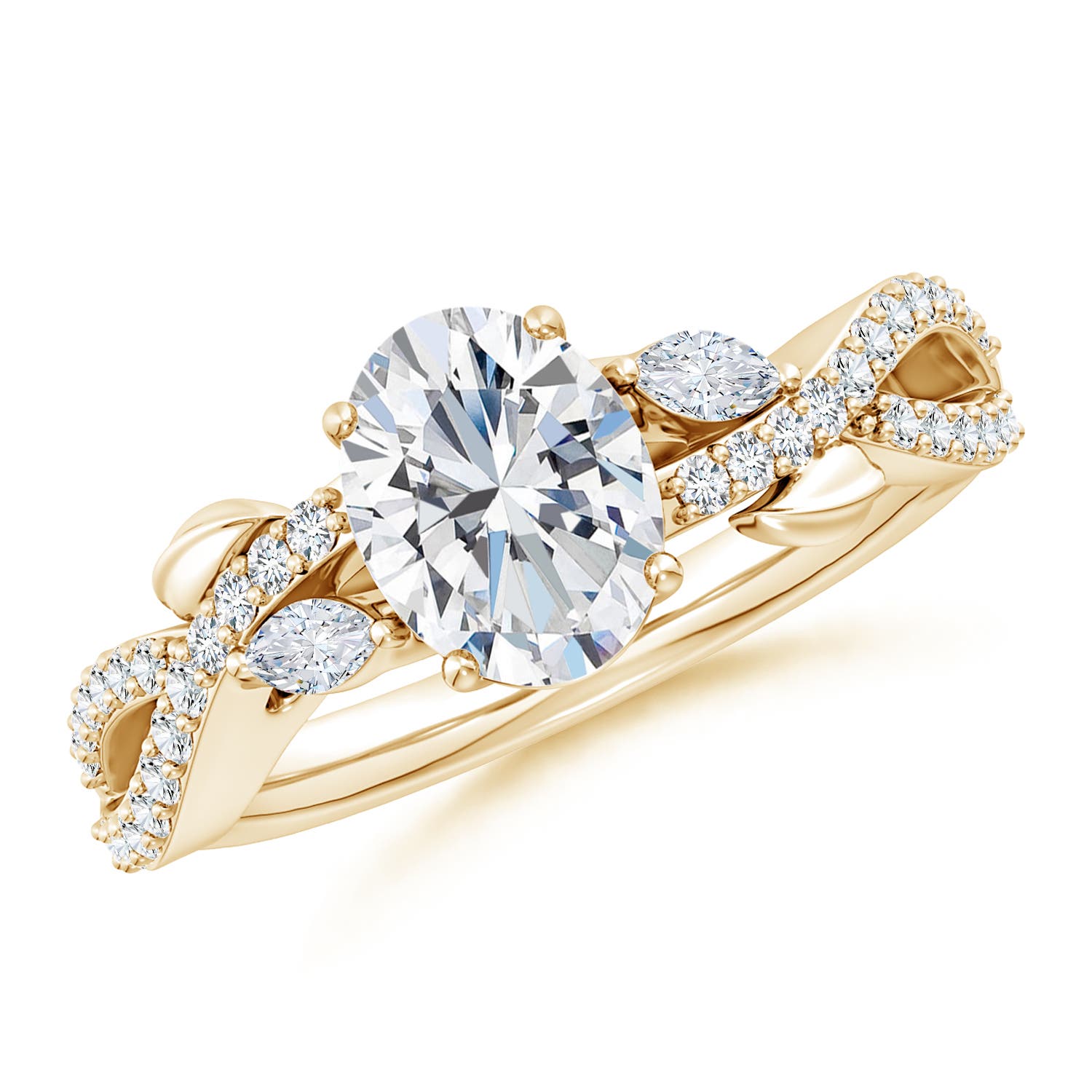 8.5x6.5mm FGVS Lab-Grown Nature-Inspired Oval and Marquise Diamond Side Stone Engagement Ring in 18K Yellow Gold