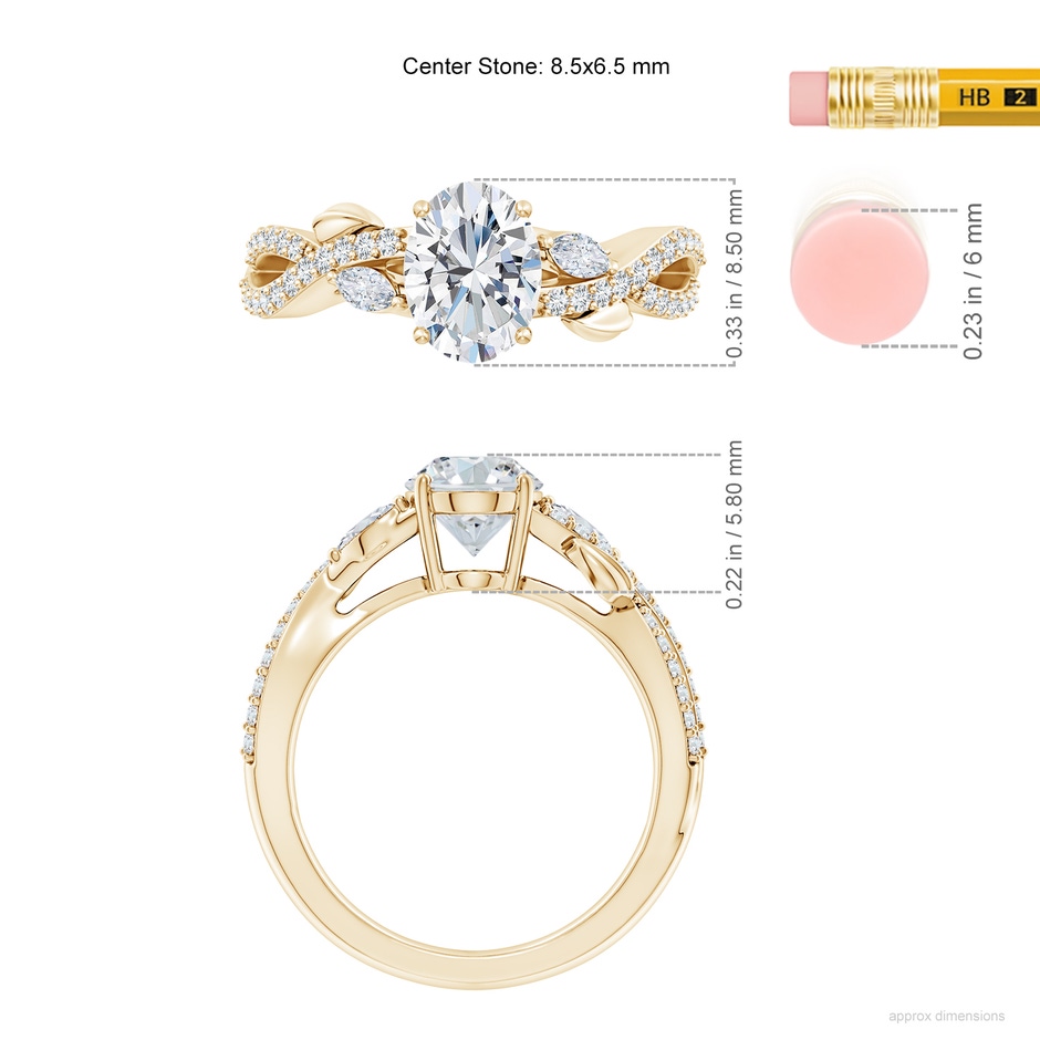 8.5x6.5mm FGVS Lab-Grown Nature-Inspired Oval and Marquise Diamond Side Stone Engagement Ring in 18K Yellow Gold ruler