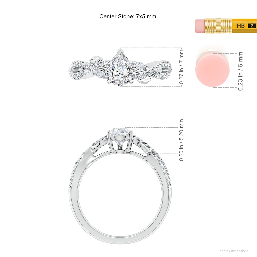 7x5mm FGVS Lab-Grown Nature-Inspired Pear and Marquise Diamond Side Stone Engagement Ring in White Gold ruler