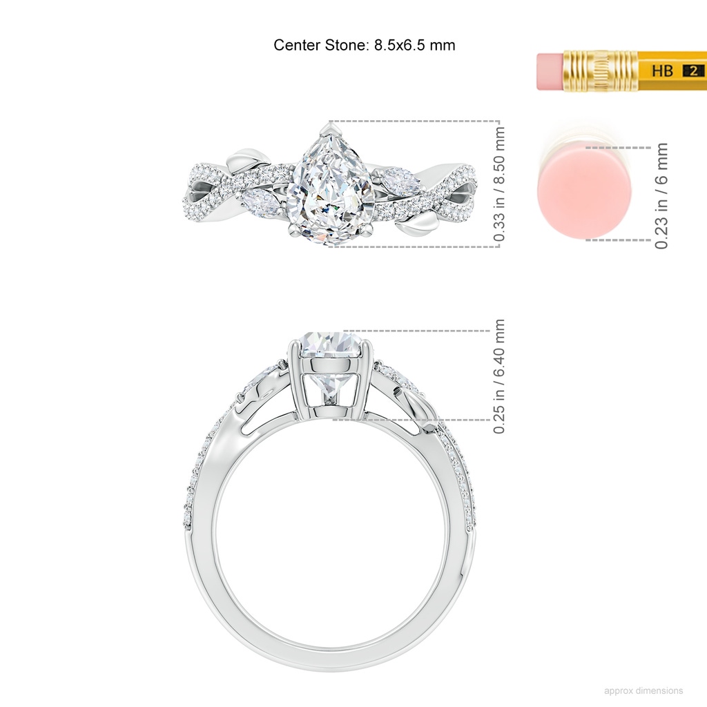 8.5x6.5mm FGVS Lab-Grown Nature-Inspired Pear and Marquise Diamond Side Stone Engagement Ring in White Gold ruler