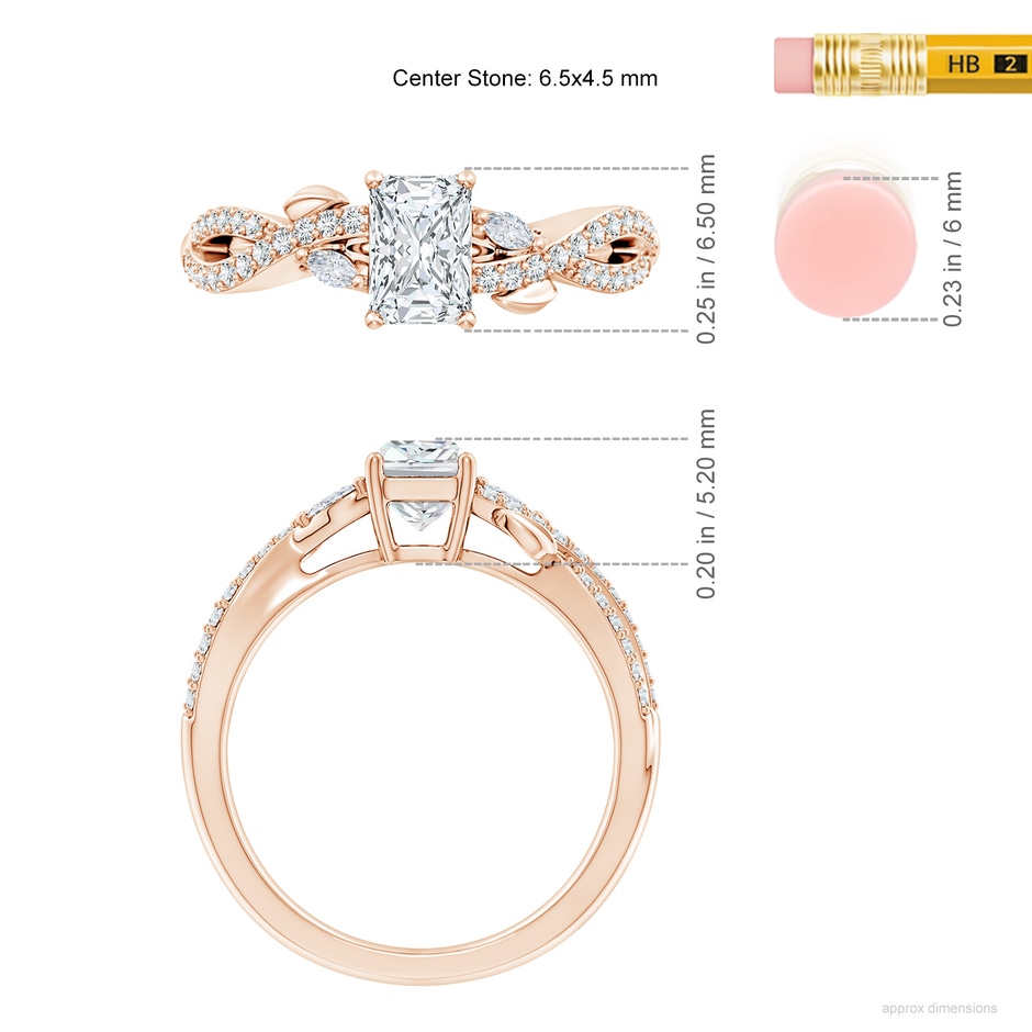 6.5x4.5mm FGVS Lab-Grown Nature-Inspired Radiant-Cut and Marquise Diamond Side Stone Engagement Ring in Rose Gold ruler