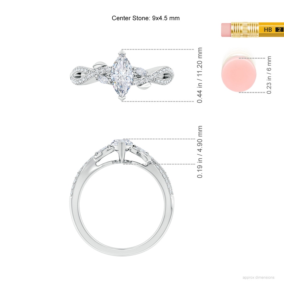 9x4.5mm FGVS Lab-Grown Nature-Inspired Marquise Diamond Side Stone Engagement Ring in White Gold ruler