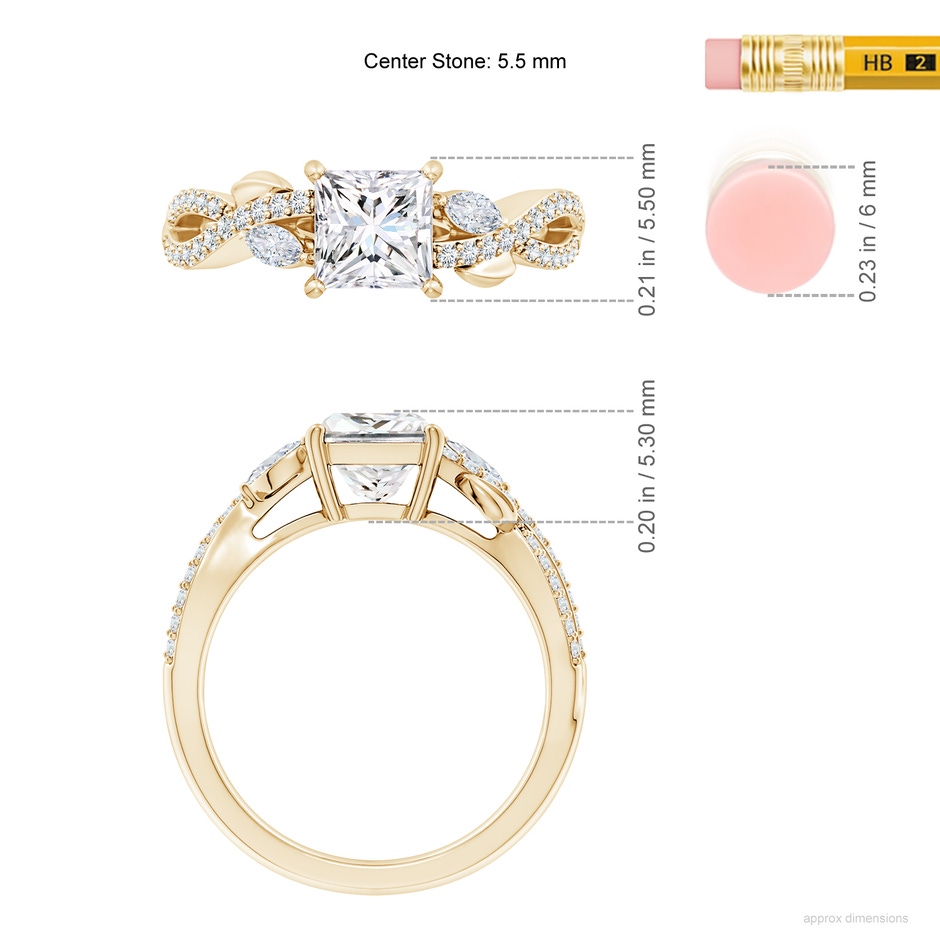 5.5mm FGVS Lab-Grown Nature-Inspired Princess-Cut and Marquise Diamond Side Stone Engagement Ring in Yellow Gold ruler