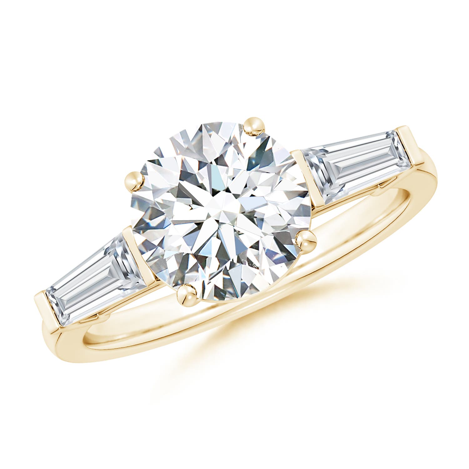 8.9mm FGVS Lab-Grown Round and Tapered Baguette Diamond Side Stone Engagement Ring in 18CT Yellow Gold
