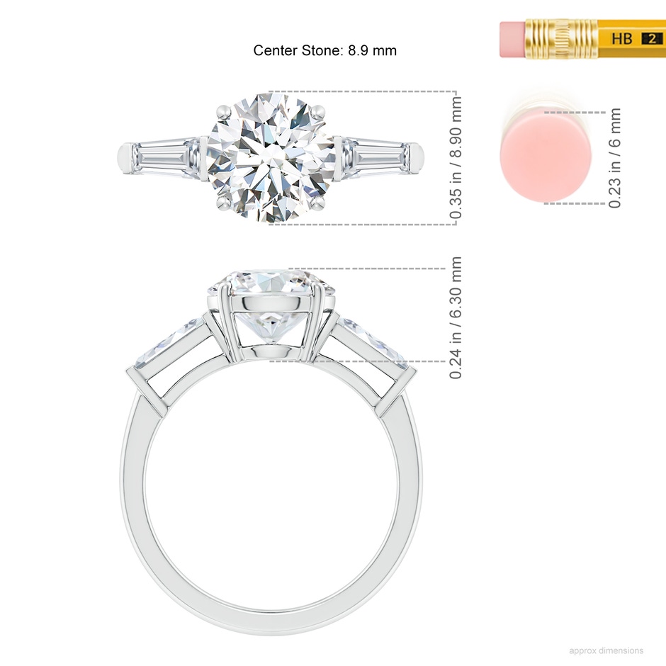 8.9mm FGVS Lab-Grown Round and Tapered Baguette Diamond Side Stone Engagement Ring in P950 Platinum ruler