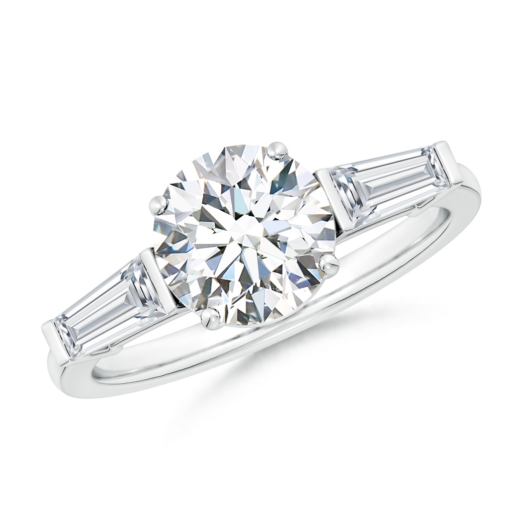 8mm FGVS Lab-Grown Round and Tapered Baguette Diamond Side Stone Engagement Ring in White Gold