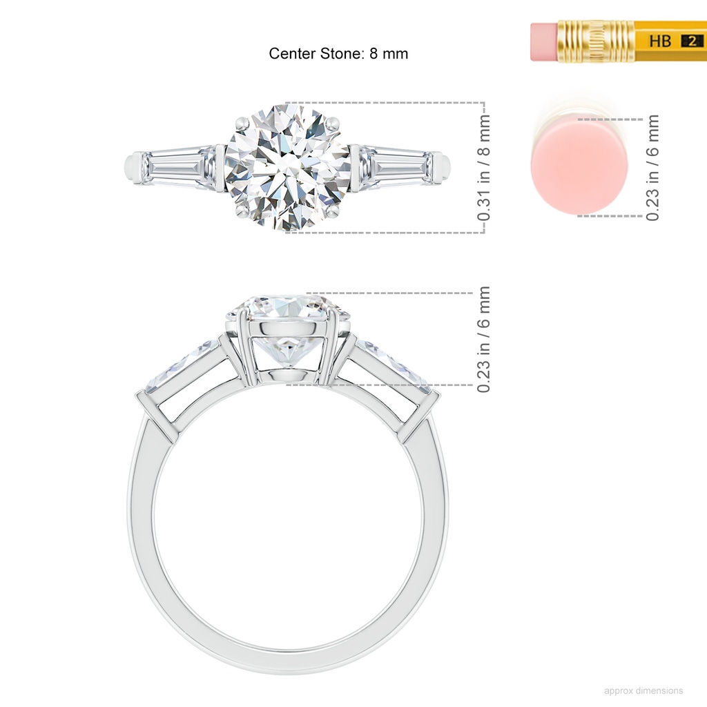 8mm FGVS Lab-Grown Round and Tapered Baguette Diamond Side Stone Engagement Ring in White Gold ruler