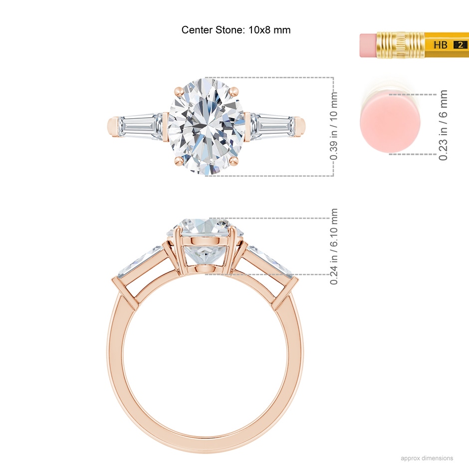 10x8mm FGVS Lab-Grown Oval and Tapered Baguette Diamond Side Stone Engagement Ring in Rose Gold ruler
