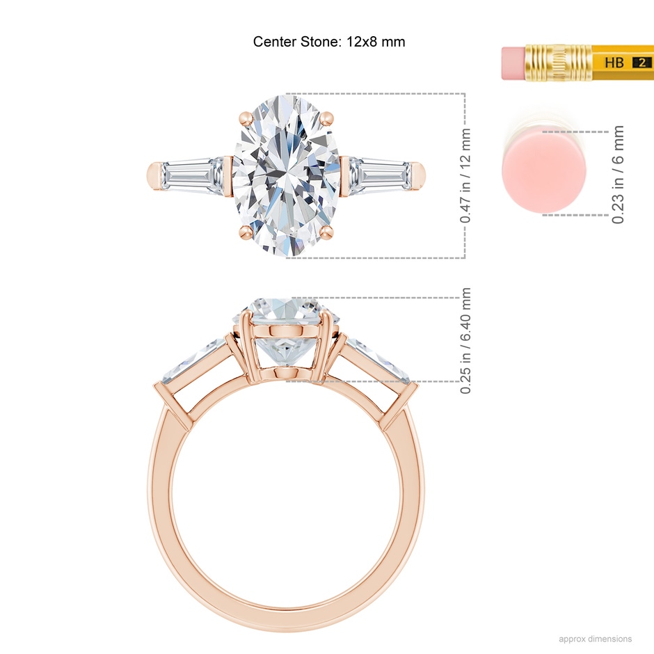 12x8mm FGVS Lab-Grown Oval and Tapered Baguette Diamond Side Stone Engagement Ring in 18K Rose Gold ruler
