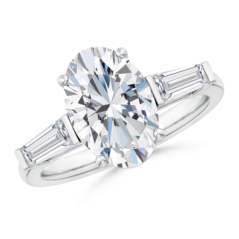 12x8mm FGVS Lab-Grown Oval and Tapered Baguette Diamond Side Stone Engagement Ring in 18K White Gold