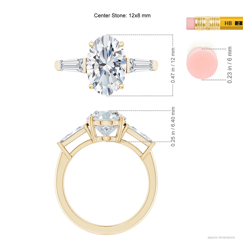 12x8mm FGVS Lab-Grown Oval and Tapered Baguette Diamond Side Stone Engagement Ring in Yellow Gold ruler