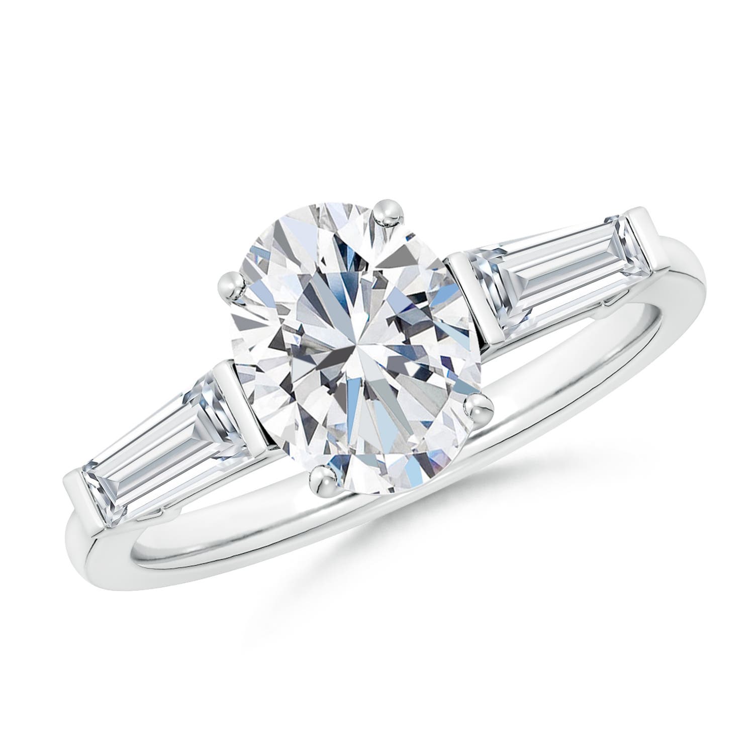 Lab-Grown Oval and Tapered Baguette Diamond Side Stone Engagement Ring