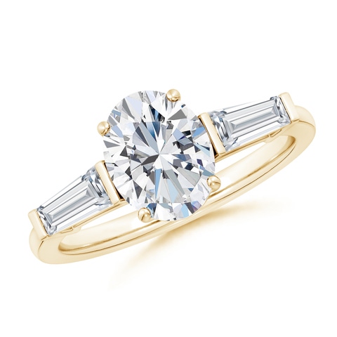 9x7mm FGVS Lab-Grown Oval and Tapered Baguette Diamond Side Stone Engagement Ring in Yellow Gold