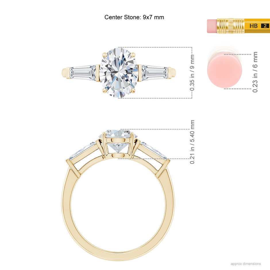 9x7mm FGVS Lab-Grown Oval and Tapered Baguette Diamond Side Stone Engagement Ring in Yellow Gold ruler