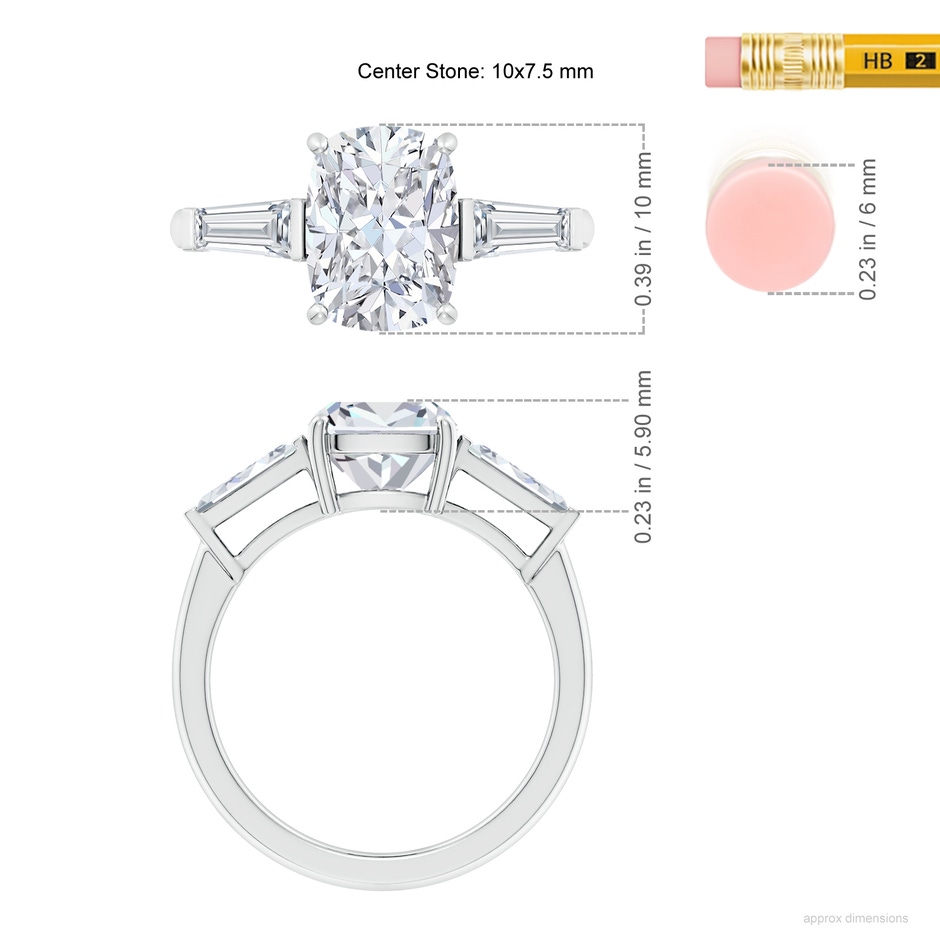 10x7.5mm FGVS Lab-Grown Cushion Rectangular and Tapered Baguette Diamond Side Stone Engagement Ring in White Gold ruler