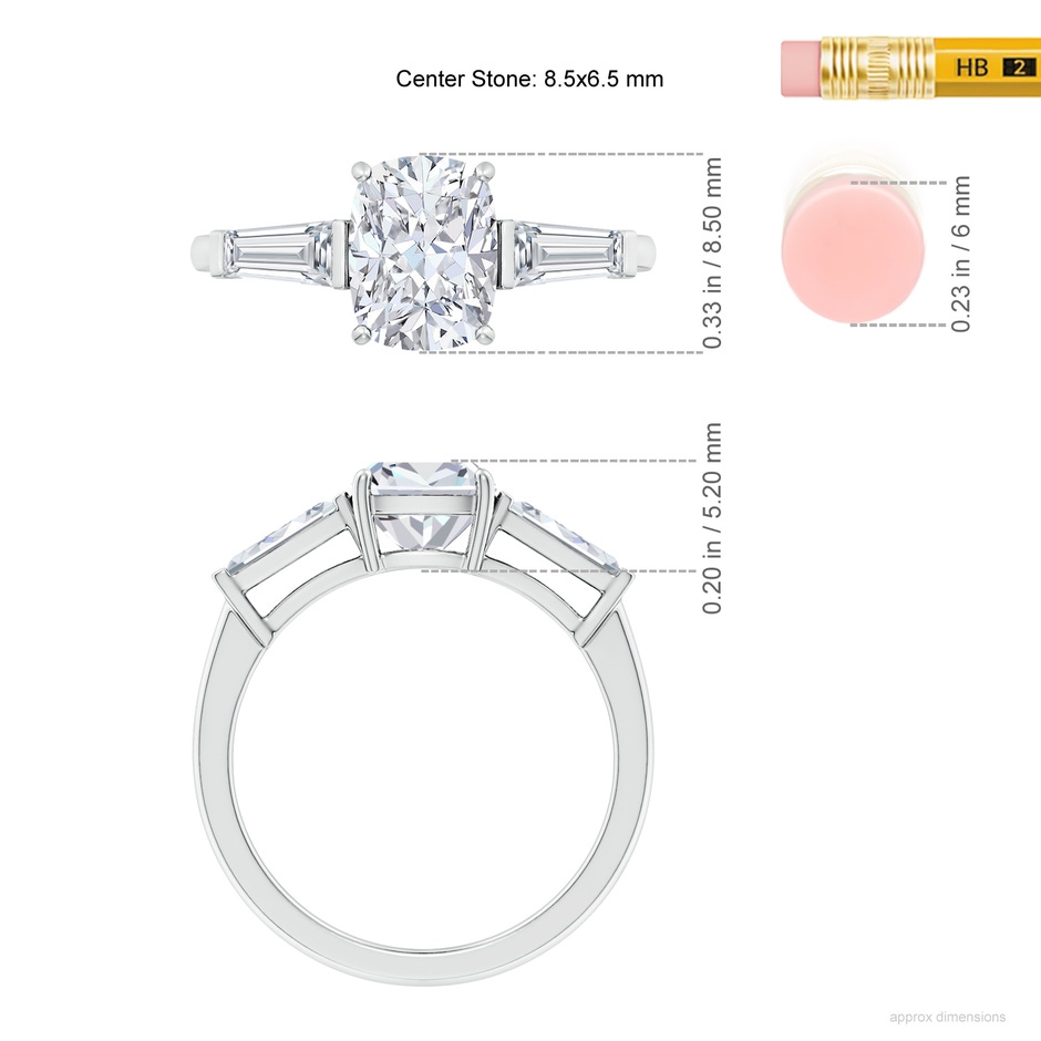 8.5x6.5mm FGVS Lab-Grown Cushion Rectangular and Tapered Baguette Diamond Side Stone Engagement Ring in P950 Platinum ruler