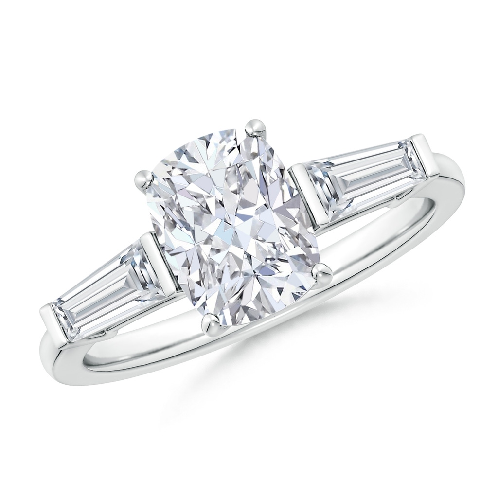 8.5x6.5mm FGVS Lab-Grown Cushion Rectangular and Tapered Baguette Diamond Side Stone Engagement Ring in White Gold