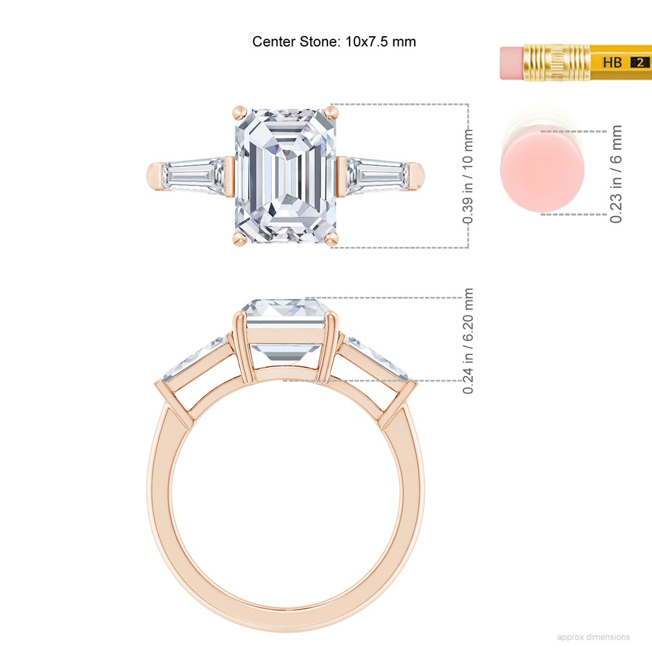 10x7.5mm FGVS Lab-Grown Emerald-Cut and Tapered Baguette Diamond Side Stone Engagement Ring in 18K Rose Gold ruler