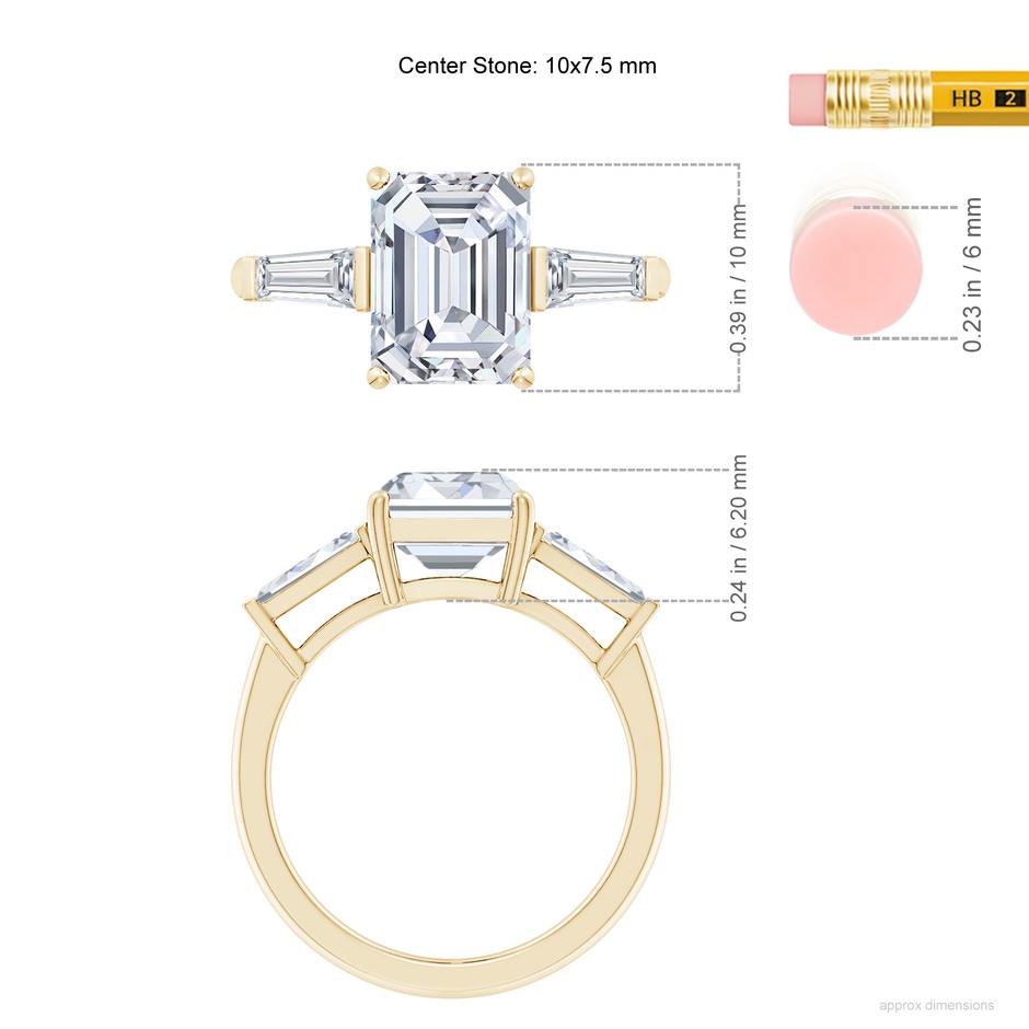 10x7.5mm FGVS Lab-Grown Emerald-Cut and Tapered Baguette Diamond Side Stone Engagement Ring in 18K Yellow Gold ruler
