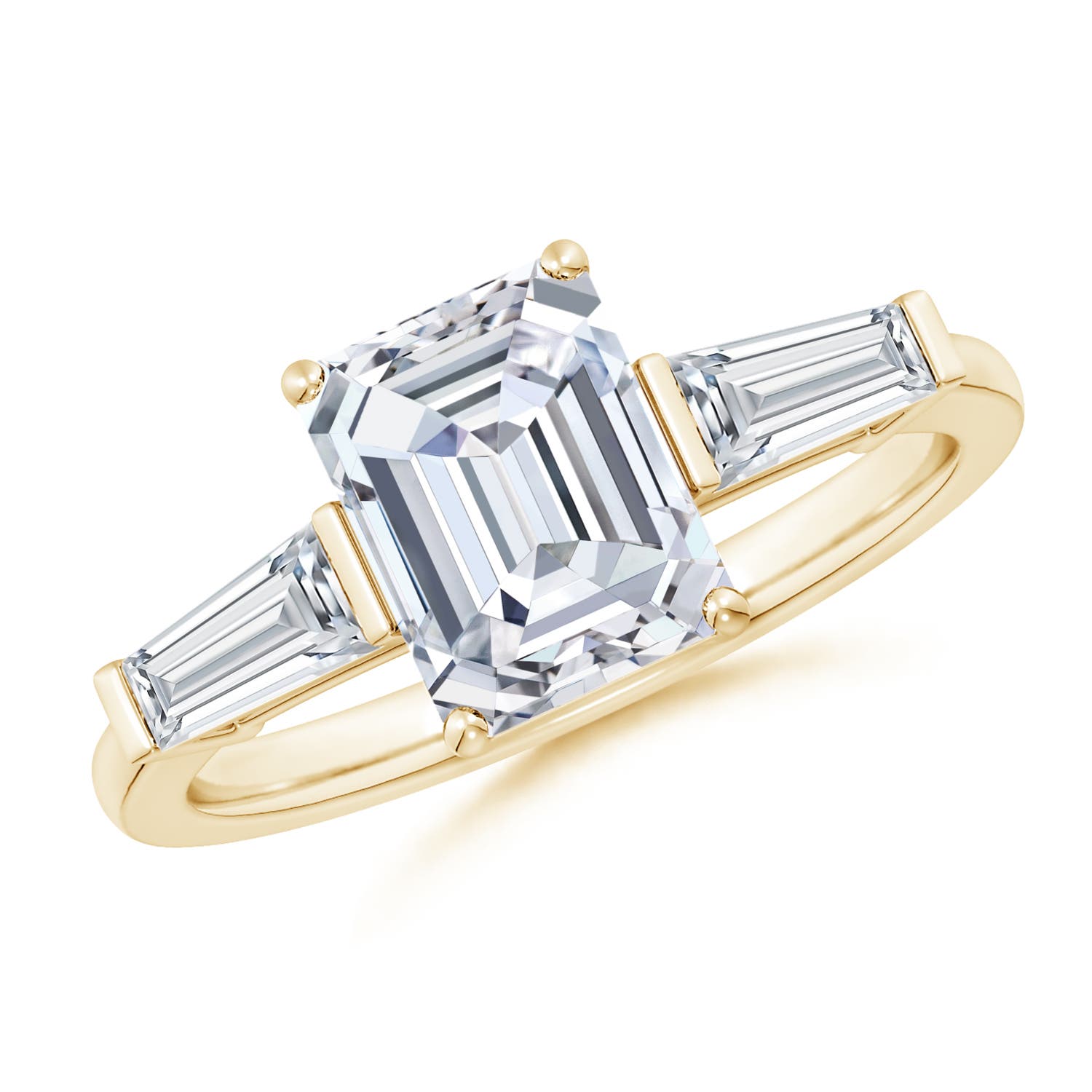 8.5x6.5mm FGVS Lab-Grown Emerald-Cut and Tapered Baguette Diamond Side Stone Engagement Ring in 18K Yellow Gold