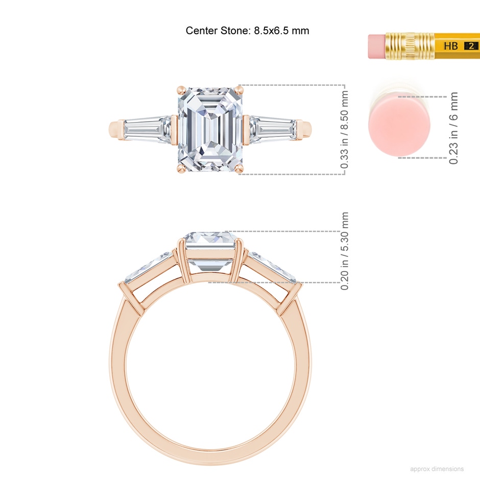 8.5x6.5mm FGVS Lab-Grown Emerald-Cut and Tapered Baguette Diamond Side Stone Engagement Ring in Rose Gold ruler