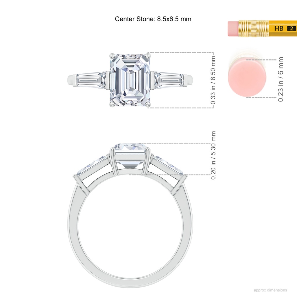 8.5x6.5mm FGVS Lab-Grown Emerald-Cut and Tapered Baguette Diamond Side Stone Engagement Ring in White Gold ruler