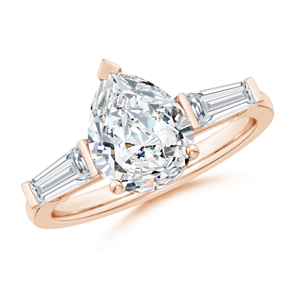 10x8mm FGVS Lab-Grown Pear and Tapered Baguette Diamond Side Stone Engagement Ring in Rose Gold 