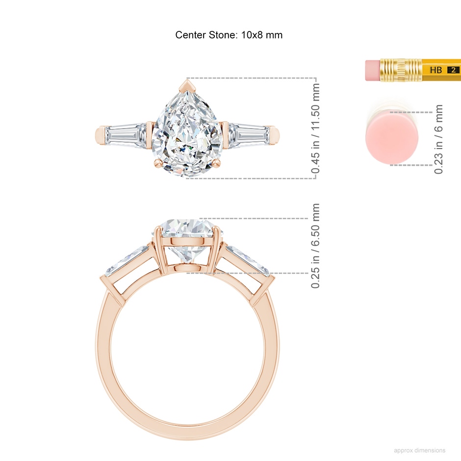 10x8mm FGVS Lab-Grown Pear and Tapered Baguette Diamond Side Stone Engagement Ring in Rose Gold ruler