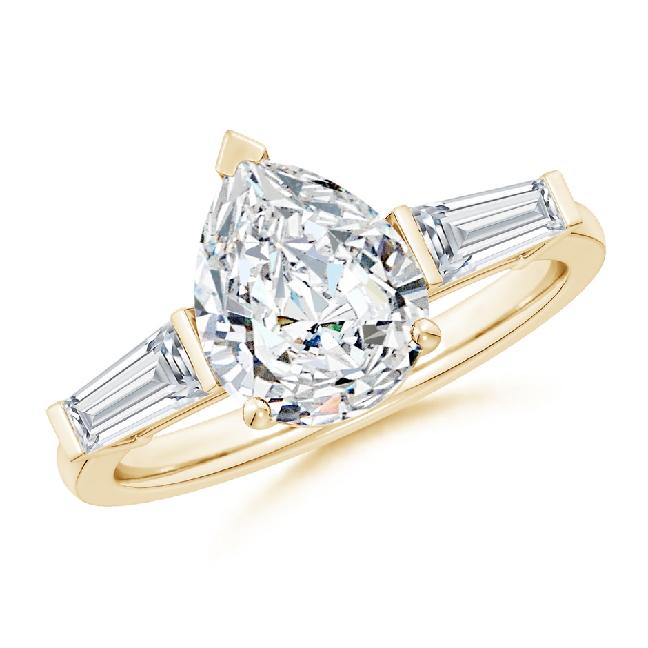 10x8mm FGVS Lab-Grown Pear and Tapered Baguette Diamond Side Stone Engagement Ring in Yellow Gold 
