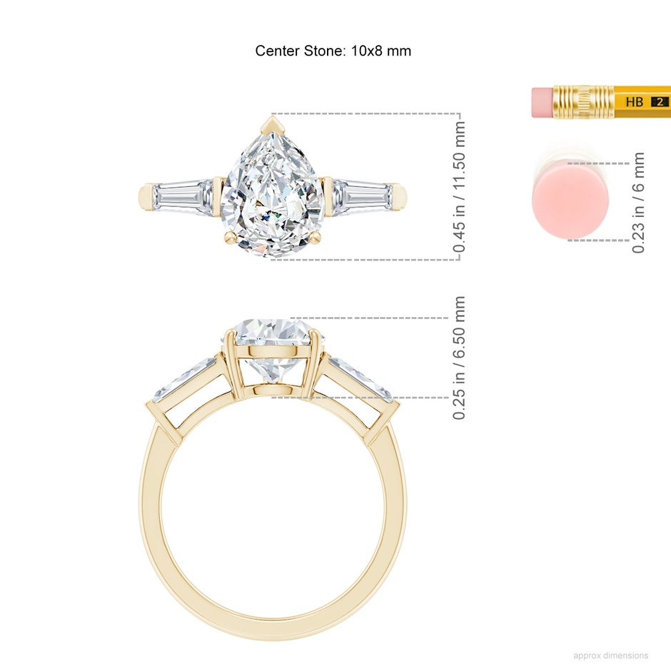 10x8mm FGVS Lab-Grown Pear and Tapered Baguette Diamond Side Stone Engagement Ring in Yellow Gold ruler