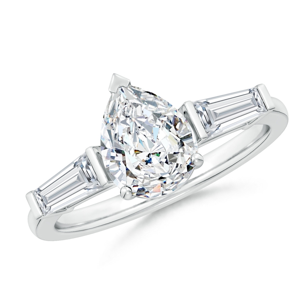 9x7mm FGVS Lab-Grown Pear and Tapered Baguette Diamond Side Stone Engagement Ring in P950 Platinum