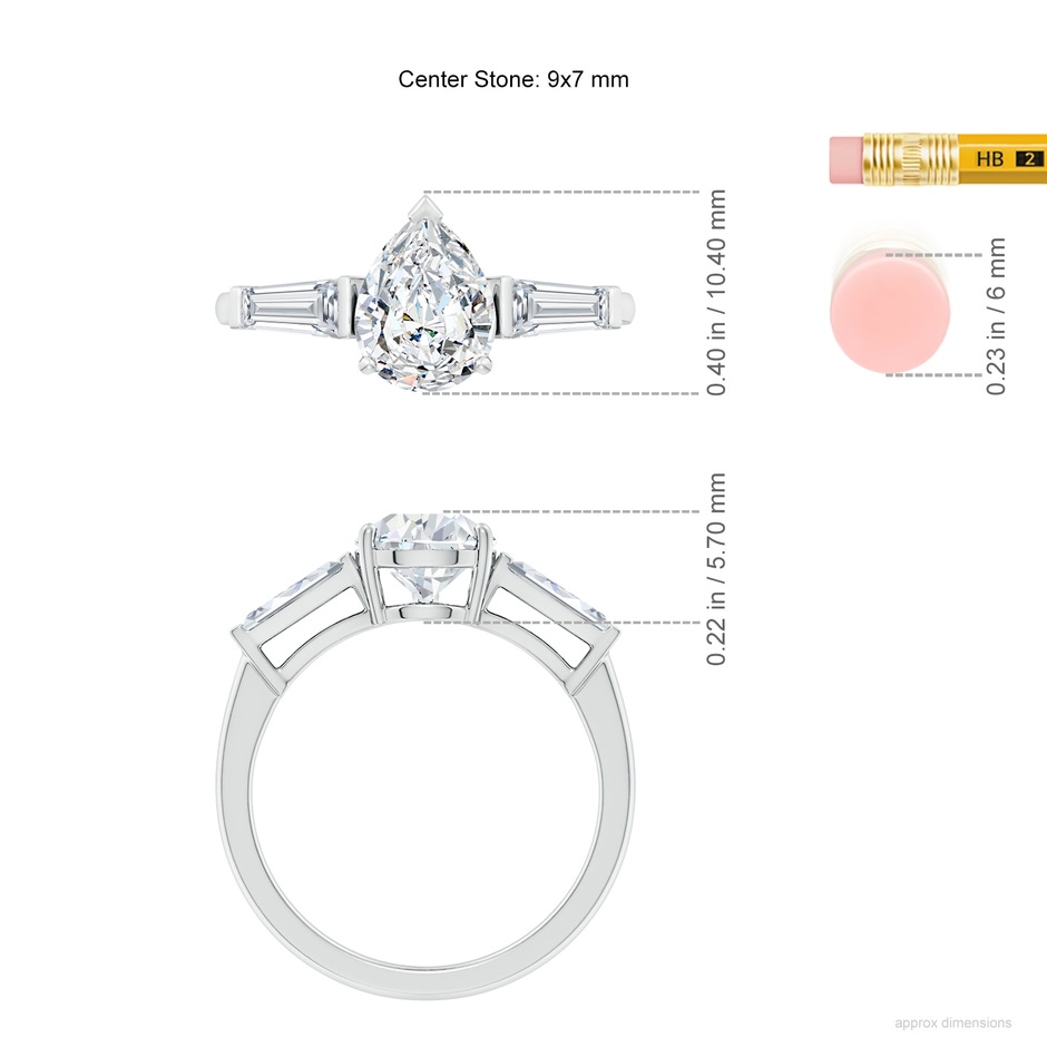 9x7mm FGVS Lab-Grown Pear and Tapered Baguette Diamond Side Stone Engagement Ring in P950 Platinum ruler