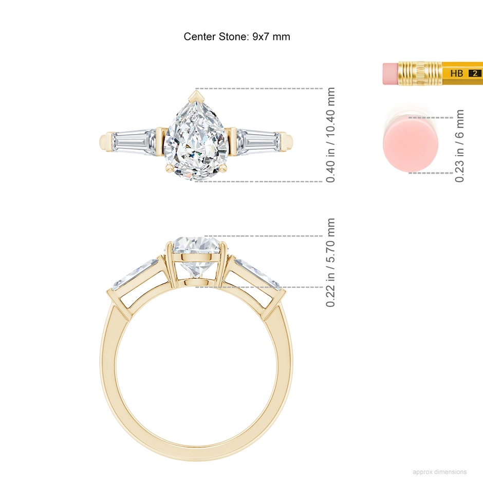 9x7mm FGVS Lab-Grown Pear and Tapered Baguette Diamond Side Stone Engagement Ring in Yellow Gold ruler