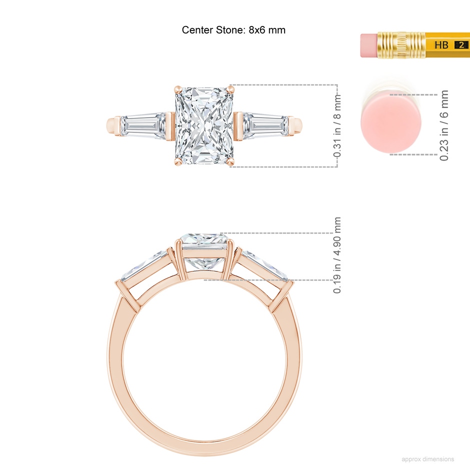 8x6mm FGVS Lab-Grown Radiant-Cut and Tapered Baguette Diamond Side Stone Engagement Ring in Rose Gold rule