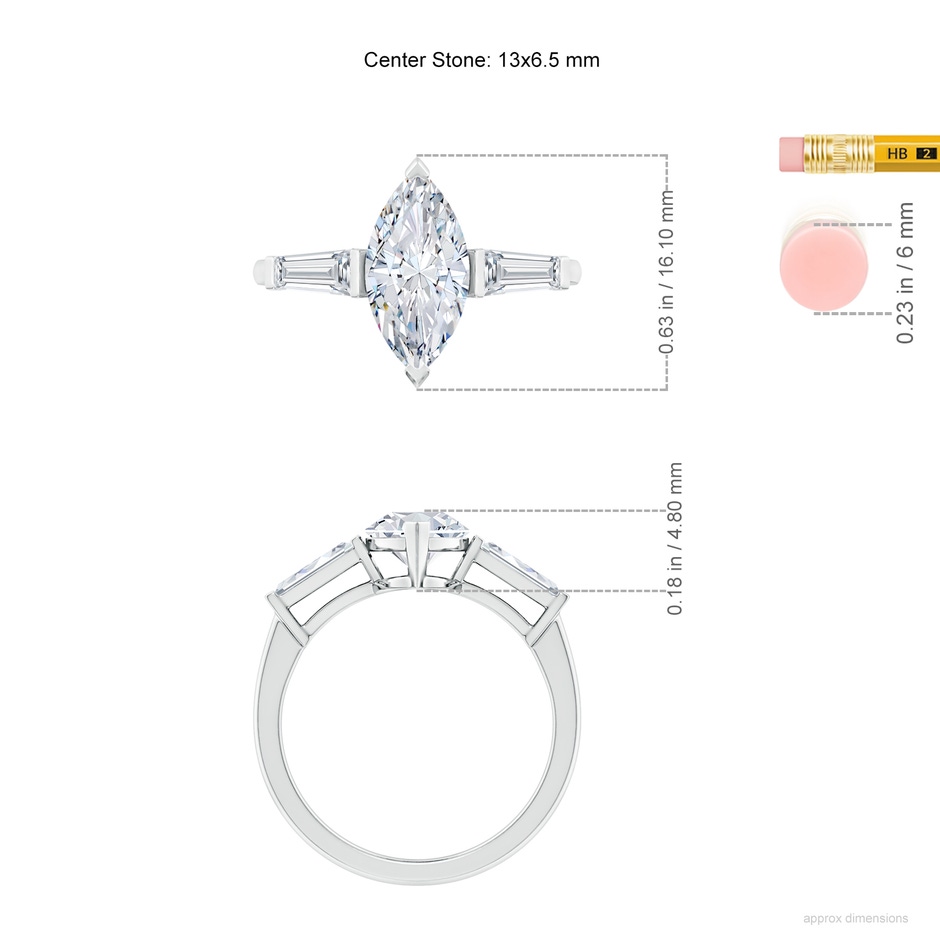 13x6.5mm FGVS Lab-Grown Marquise and Tapered Baguette Diamond Side Stone Engagement Ring in White Gold ruler