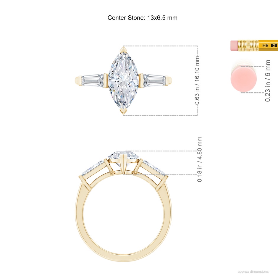 13x6.5mm FGVS Lab-Grown Marquise and Tapered Baguette Diamond Side Stone Engagement Ring in Yellow Gold ruler