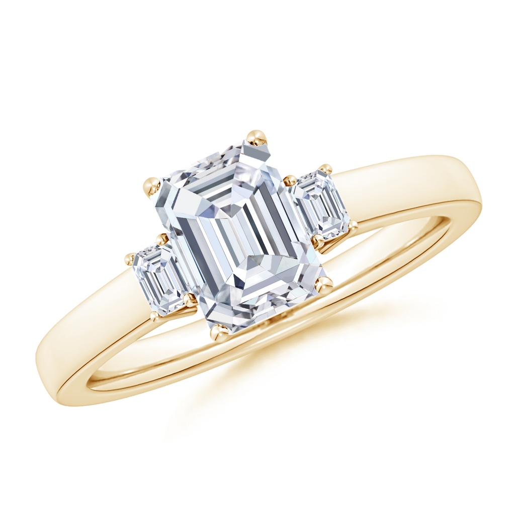 7.5x5.5mm FGVS Lab-Grown Emerald-Cut Diamond Three Stone Engagement Ring in Yellow Gold