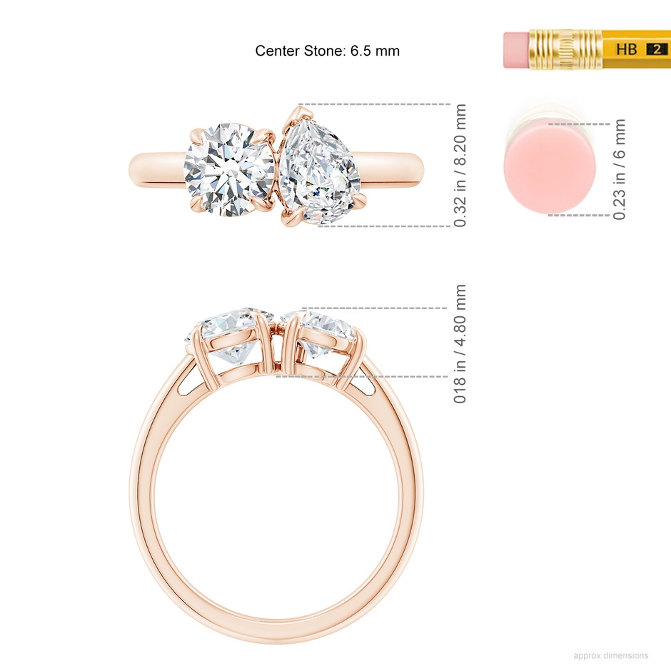 6.5mm FGVS Lab-Grown Round & Pear Diamond Two-Stone Engagement Ring in Rose Gold ruler