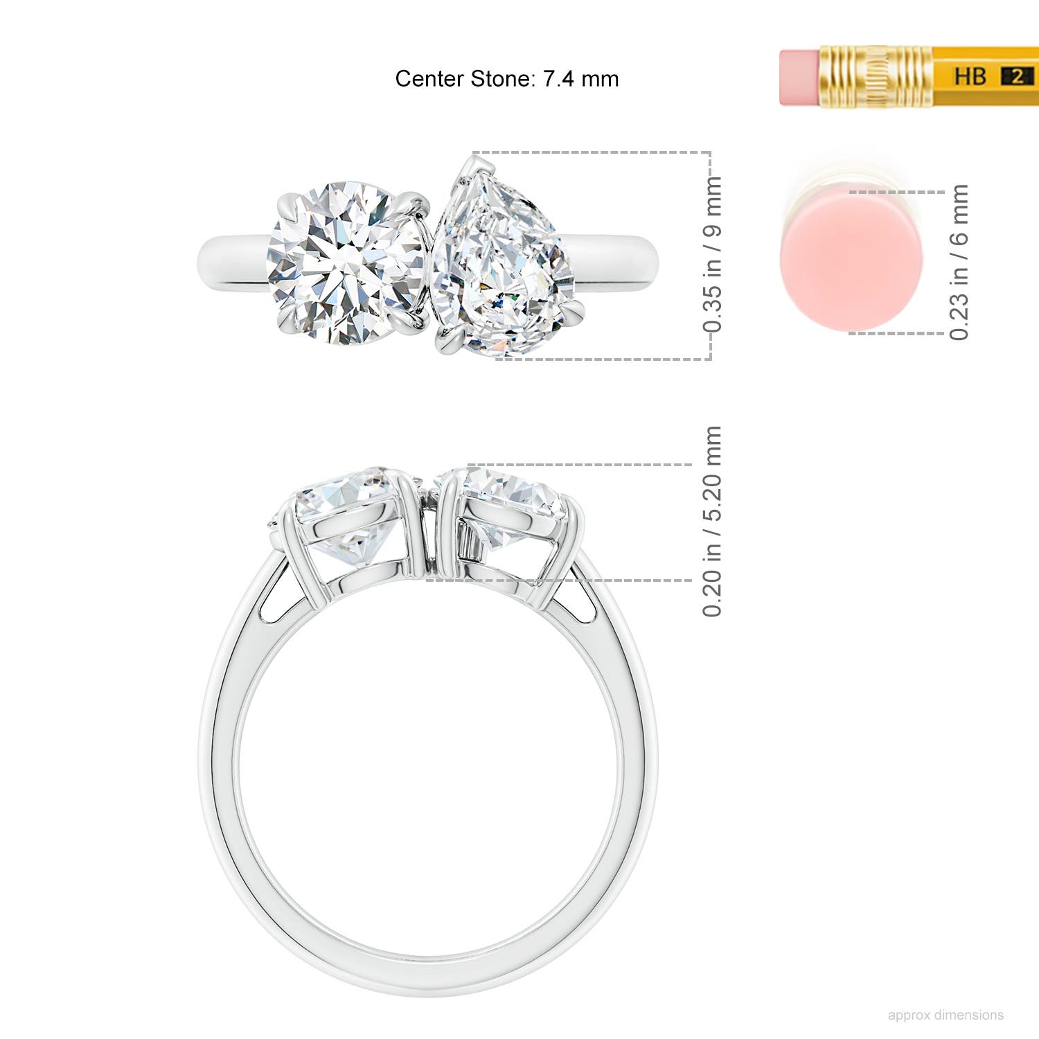 7.4mm FGVS Lab-Grown Round & Pear Diamond Two-Stone Engagement Ring in White Gold - ruler